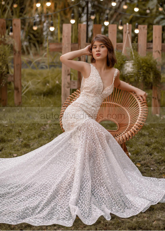 Luxury Ivory Beaded Lace Sequined Tulle Wedding Dress With Nude Lining Luxury Ivory Beaded Lace Sequined Tulle Wedding Dress With Nude Lining